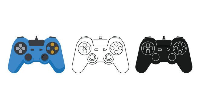 Gaming controller set color outline and silhouette versions for game development
