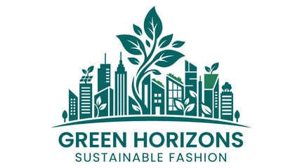 Obraz premium Green horizons sustainable fashion logo with city skyline.