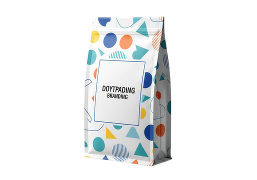 White coffee bag with colorful geometric patterns and branding label isolated on transparent background