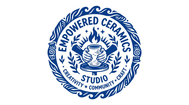 Empowered Ceramics Studio circular logo with hands and pottery wheel.