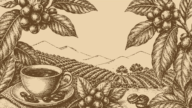 Vintage Engraving Coffee Plantation Landscape with Coffee Cup, Botanical Leaves, Coffee Cherries, Beans, Mountains, and Sunburst Background in Sepia Tone