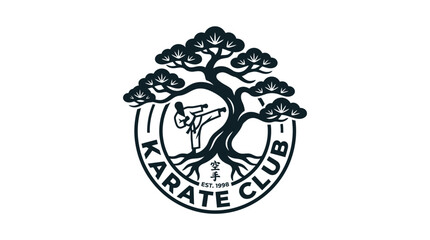 Traditional karate club logo with bonsai tree and fighter. © bakooh