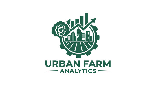 Urban farm analytics logo with gear and city.
