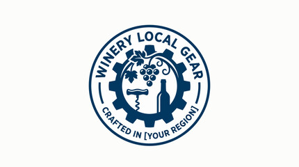 Fototapeta premium Blue winery local gear badge with grapes and bottle.