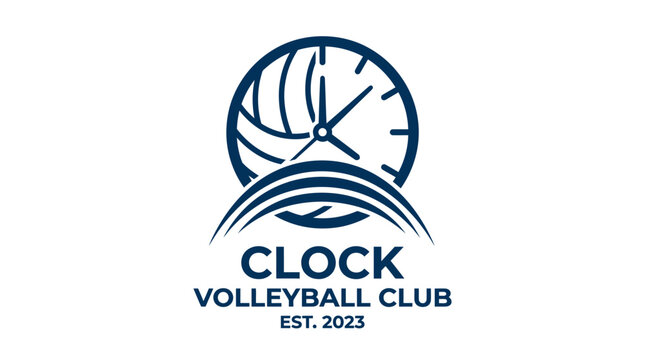 Blue volleyball and clock face logo for sports club.