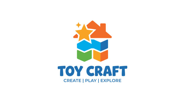 Colorful building blocks house logo for creative toy craft.