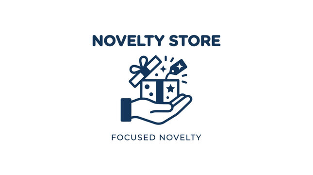 Novelty Store logo with hand holding gift box icon.