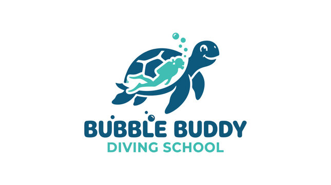 Bubble buddy diving school logo with cute turtle icon.