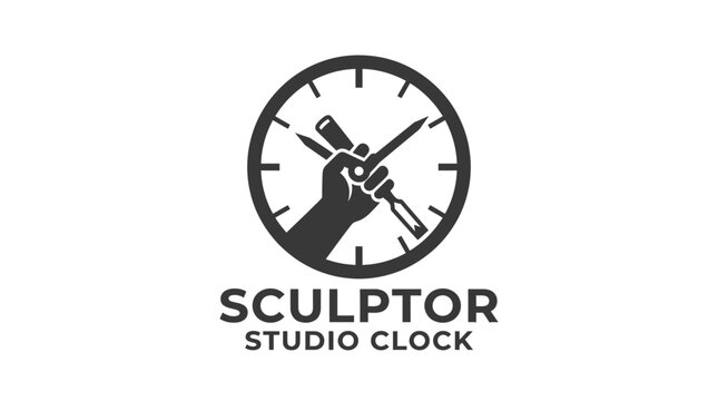 Sculptor studio clock logo with hands holding art tools.