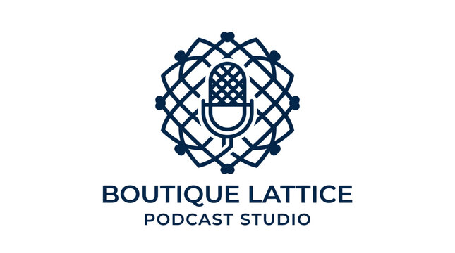 Professional podcast studio logo with microphone and lattice pattern.