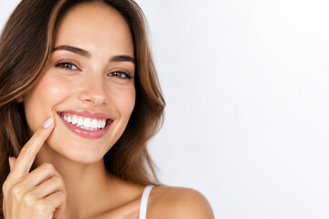 Naklejka premium Young woman pointing at smile in white studio portrait