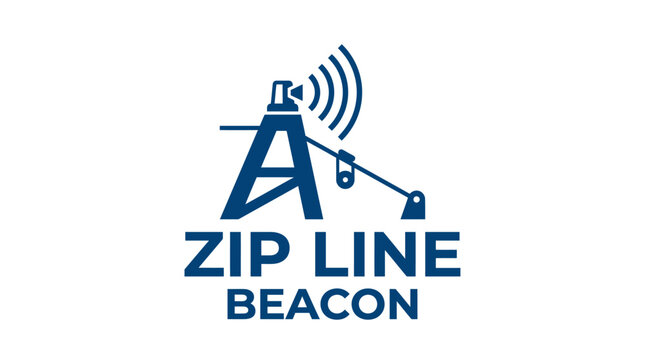 Zip line beacon tower signal logo with antenna waves.