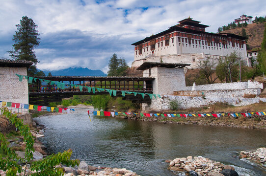 Paro Dzong with famous Nemi Zam bridge over Paro Chhu river, Bhutan