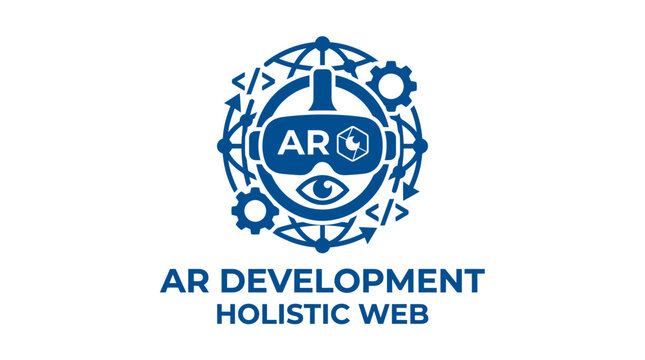 Augmented reality web development logo with eye and gear icons.