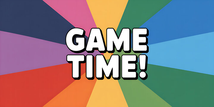 Bold white text GAMETIME with exclamation mark on a colorful radial sunburst background