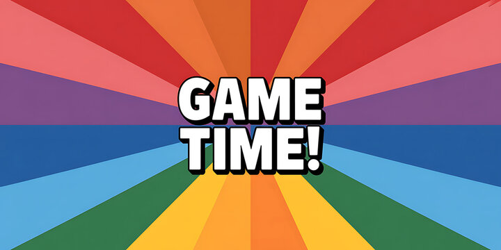 Bold white text GAMETIME with exclamation mark on a vibrant rainbow colored sunburst background