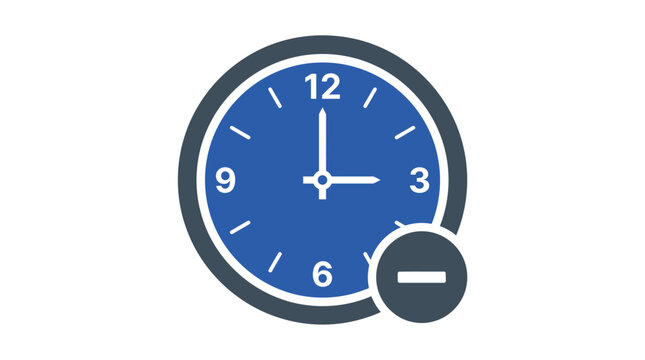 Minimalist blue vector graphic illustration of a round wall clock featuring a white minus symbol