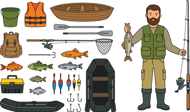 Vector cartoon set of fishing equipment collection featuring happy fisherman holding catch rod boats and tackle gear