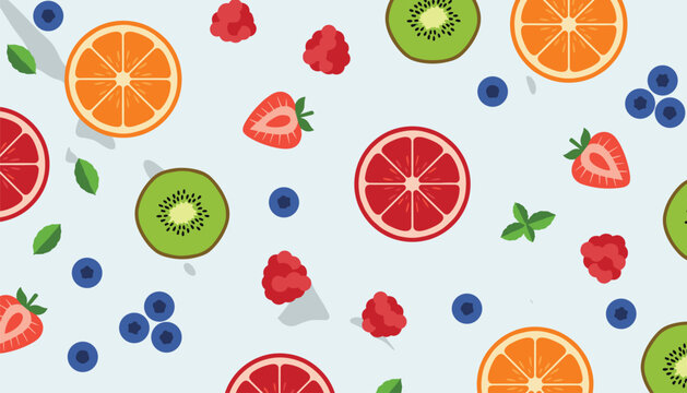 Sliced oranges, kiwis, grapefruits, strawberries, and blueberries create vibrant fruit pattern on light background surface.