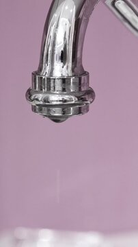 Modern faucet with running water at apartment. Nobody. Vertical footage
