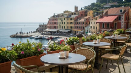 Obraz premium Tables and chairs are set on a restaurant terrace overlooking a colorful coastal village and harbor for tourism.