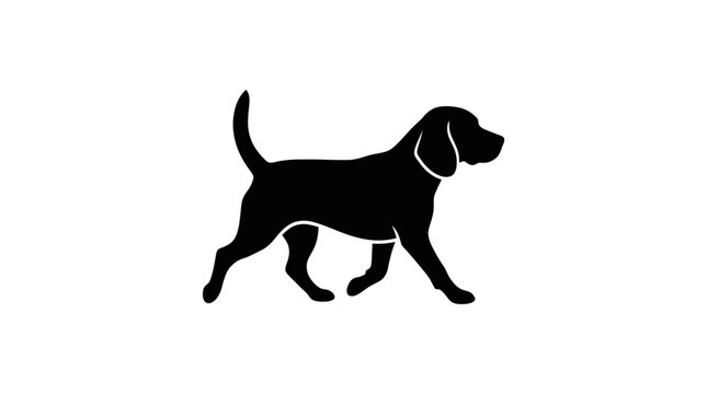 Minimalist black silhouette of a walking beagle dog on white background