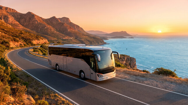 Tourist coach bus driving along coastal road at sunset. Scenic travel transport journey with a mountain and sea view. Concept completely without any texts or brand logos.