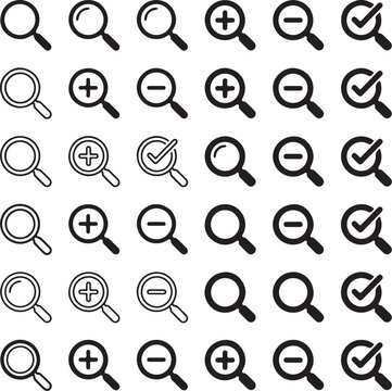Magnifying glass icon set. Search icon collection. Zoom in and zoom out icons. Vector illustration of search symbols. Minimalist UI icons for web and mobile apps. Find, research, explore, and analyze 