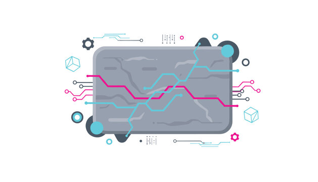 Digital circuit board interface featuring glowing pathways, nodes, gears, and geometric cubes on a textured gray background.