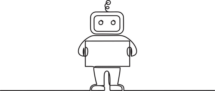 Minimalist single line art of a robot holding an empty sign with artificial intelligence. one line art icon drawing vector
