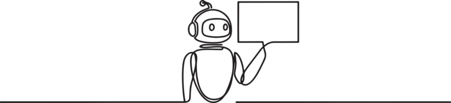 Minimalist single line art of a robot holding an empty sign with artificial intelligence. one line art icon drawing vector
