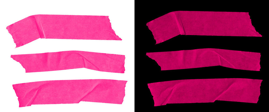 Neon pink masking tape strips set, vibrant adhesive paper tape collection, hot pink gaffer tape pieces isolated on white and black backgrounds