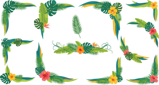 Tropical jungle leaves and hibiscus flowers corner borders frames collection set isolated on white background vector illustration