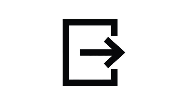Minimalist vector illustration of a black exit door icon featuring a sharp pointing right arrow