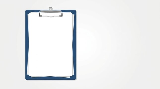 Minimalist Blue Clipboard with Blank White Paper Sheets on a Clean White Background with Copy Space for Business and Office Use