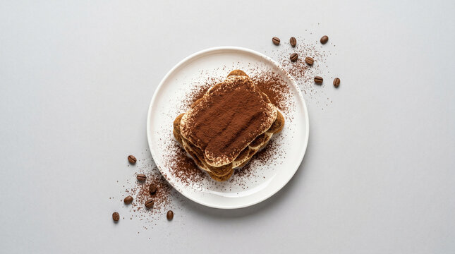 Top view of tiramisu dessert dusted with cocoa powder on a plate and copy space on a gray background. Delicious Italian cakes completely without any texts or brand logos.