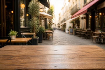 Fototapeta premium Empty wooden table at outdoor cafe on city street
