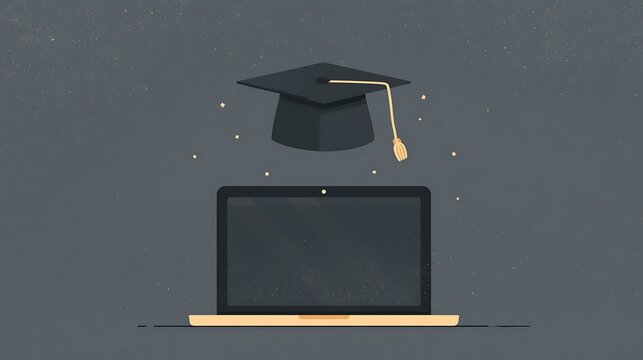 Online education concept with graduation cap floating above laptop