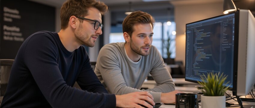 Male software developers engaged in pair programming at a computer monitor. IT professionals analyzing code in a modern office. Technology and teamwork concept