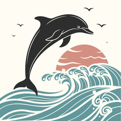 Jumping dolphin over stylized blue ocean waves against a sunset sky vector graphic for travel and sea themes ©  Stock Gallery