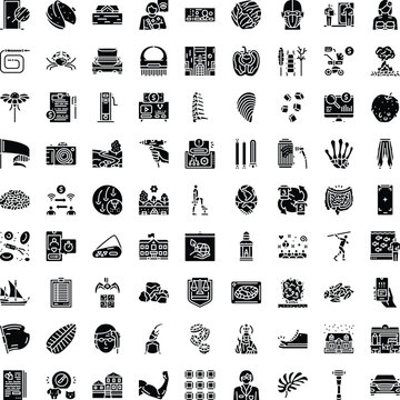 Set of solid black icons presenting a varied range of conceptual and descriptive symbols, perfect for illustrating themes from communication and technology to healthcare and environment