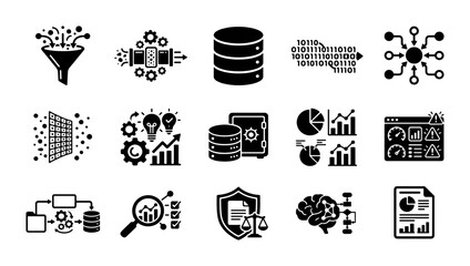Data science and big data analytics icons set, 15 black vector symbols for machine learning and database management, information processing and cloud computing © Asset Aura
