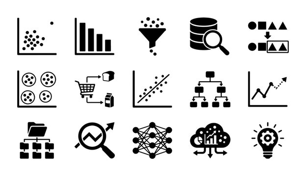 Data science and machine learning icon set, 15 black vector icons for big data analytics, business intelligence and statistics visualization