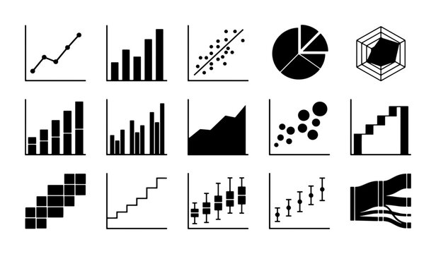 Minimalist data visualization icons, 15 black business chart and graph vector elements, professional analytics and financial reporting symbols