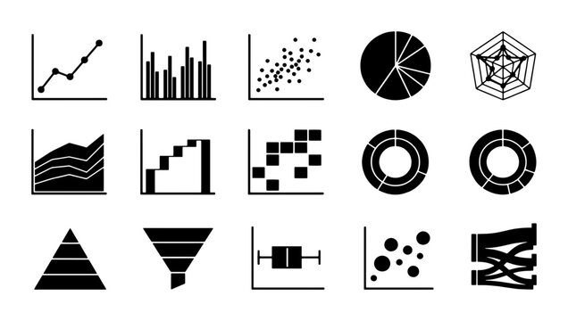 Minimalist data visualization icons, set of 15 black vector charts and graphs, professional business analytics infographics for financial reports