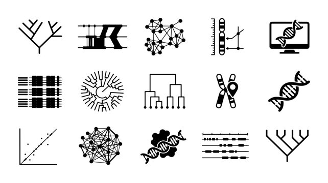 Genetics and bioinformatics icon set, 15 black vector symbols for DNA sequencing and biotechnology research, genomic data visualization icons