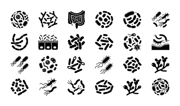 Microbiome and bacteria icon set, 24 black silhouette probiotic and gut health vector symbols, microscopic virus and germ illustrations for medical infographics