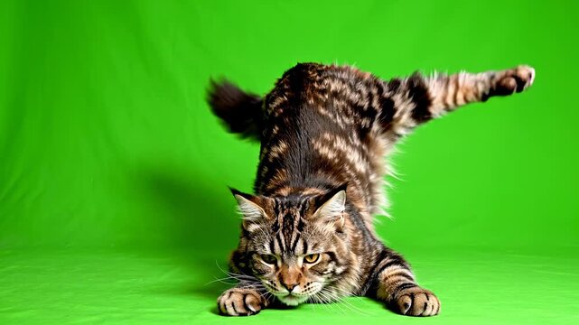 Maine Coon cat performing dynamic poses against a vibrant green studio backdrop