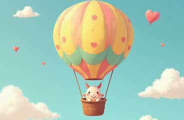 Naklejka premium Cute cartoon demon rides in colorful hot air balloon. He flies in blue sky with heart shapes floating. Adorable creature soars above soft clouds.