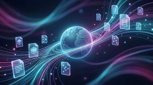 Digital data transfer visualization with glowing light streams and floating file orbiting a central earth globe in a futuristic cyberspace